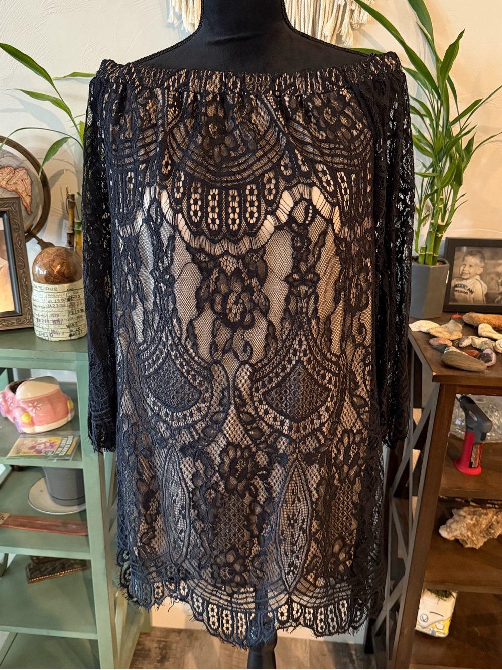 Off the shoulder Black Lace Dress with Bell Sleeves